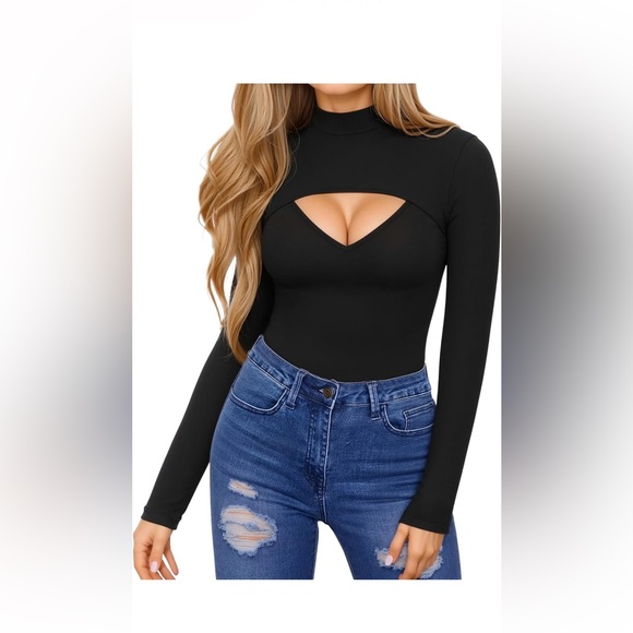 Womens👩🏻Long Sleeve Mock Neck Cutout Front Ribbed Fitted Sexy Tee T-Shirts Sz XL - Picture 2 of 7